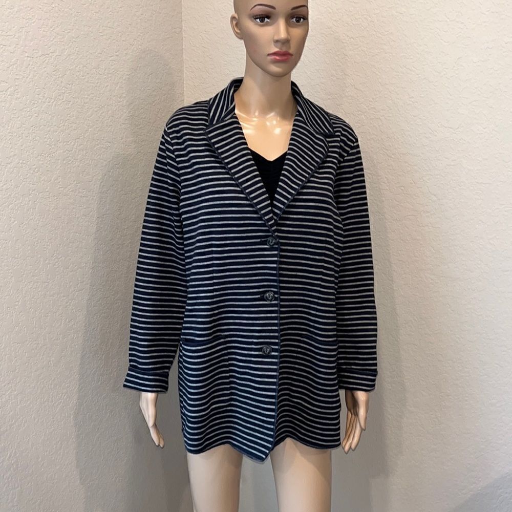 J.Jill navy blue and grey striped medium weight sweater jacket